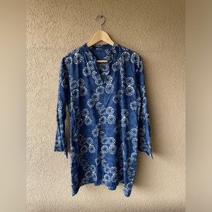 Blue Floral Cotton Tunic Top Popover L